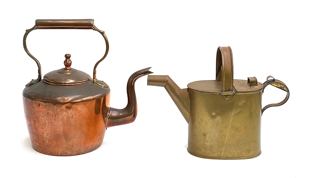 A vintage brass five pint watering can; together with a large copper kettle