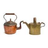 A vintage brass five pint watering can; together with a large copper kettle