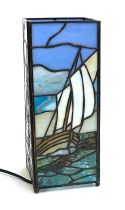 A small stained glass table lamp with rectangular panels, design of boats at sea, 27cmH
