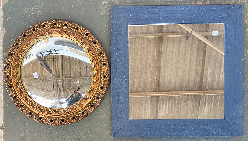 A 20th century convex circular mirror, 47cmD; together with a square wall mirror, 59x59cm (2)