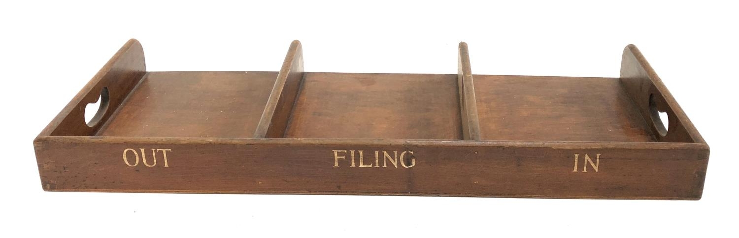 A mahogany desk tray, 'In, Filing, Out', 70.5x33x6.5cm; each section approx 31x21.5m - Image 2 of 3