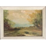 20th century oil on board, bridge within a clearing, signed Cashmore '70, 20.5x29.5cm