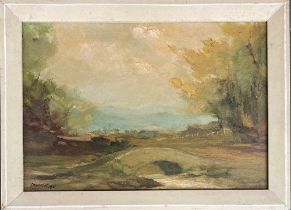 20th century oil on board, bridge within a clearing, signed Cashmore '70, 20.5x29.5cm