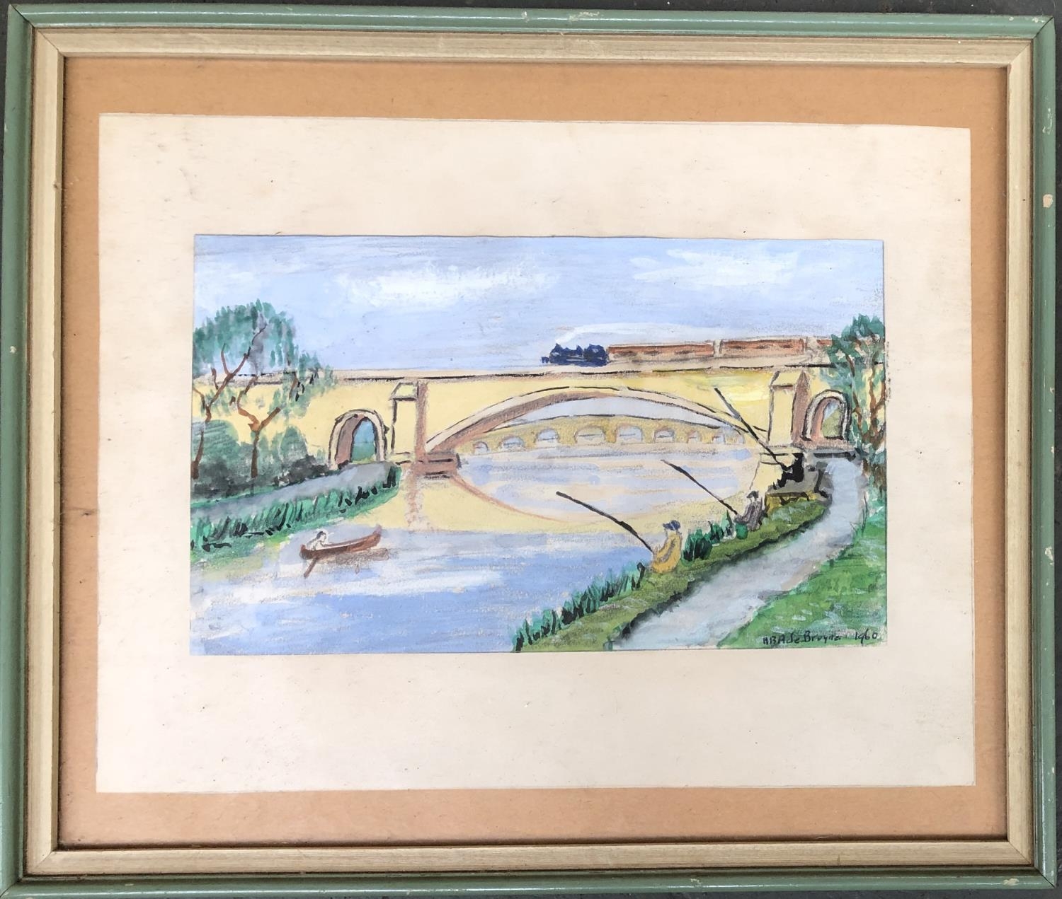 A 20th century gouache of people fishing beside a bridge with train passing over, signed 'H.B.A.
