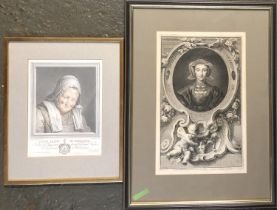 After Holbein, 18th century engraving 'Ann of Cleves' 37.5x22.5cm; together with a hand coloured