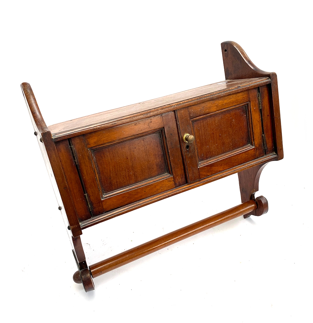 A 19th century mahogany wall shelf, two cupboards with towel rail below, 48.5cmW - Image 2 of 2