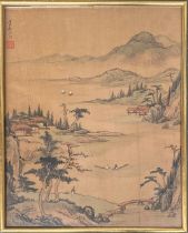 A 20th century Chinese painting on fabric of a figures in boat within a mountainous landscape,