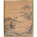 A 20th century Chinese painting on fabric of a figures in boat within a mountainous landscape,