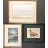 Three 20th century watercolours comprising beach scene, Mandarin duck; signed S.L, highland