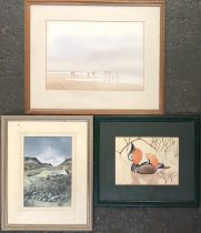 Three 20th century watercolours comprising beach scene, Mandarin duck; signed S.L, highland