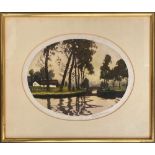 An early 20th century oval engraving of a Dutch scene, signed in pencil, 29x39cm