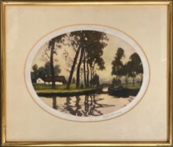 An early 20th century oval engraving of a Dutch scene, signed in pencil, 29x39cm