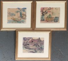 Three Vietnamese watercolours, one depicting fruit and flowers, another with a village scene, etc,