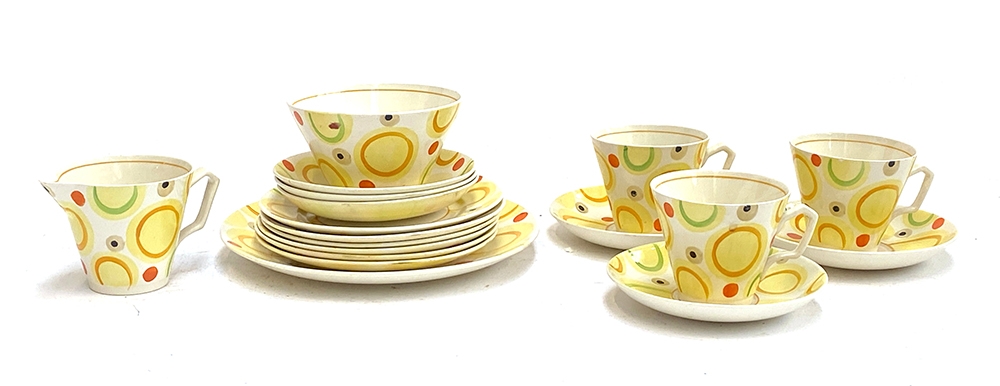 An Art Deco Tamsware hand painted part tea service, comprising teacups (3), saucers (6), sugar bowl,