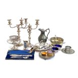 A good lot of silver plated and metal items items to include a pair of two arm candlesticks; James
