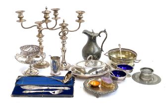 A good lot of silver plated and metal items items to include a pair of two arm candlesticks; James