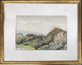 A 20th century watercolour of a hedgerow under a cloudy sky, 22.5x33.5cm