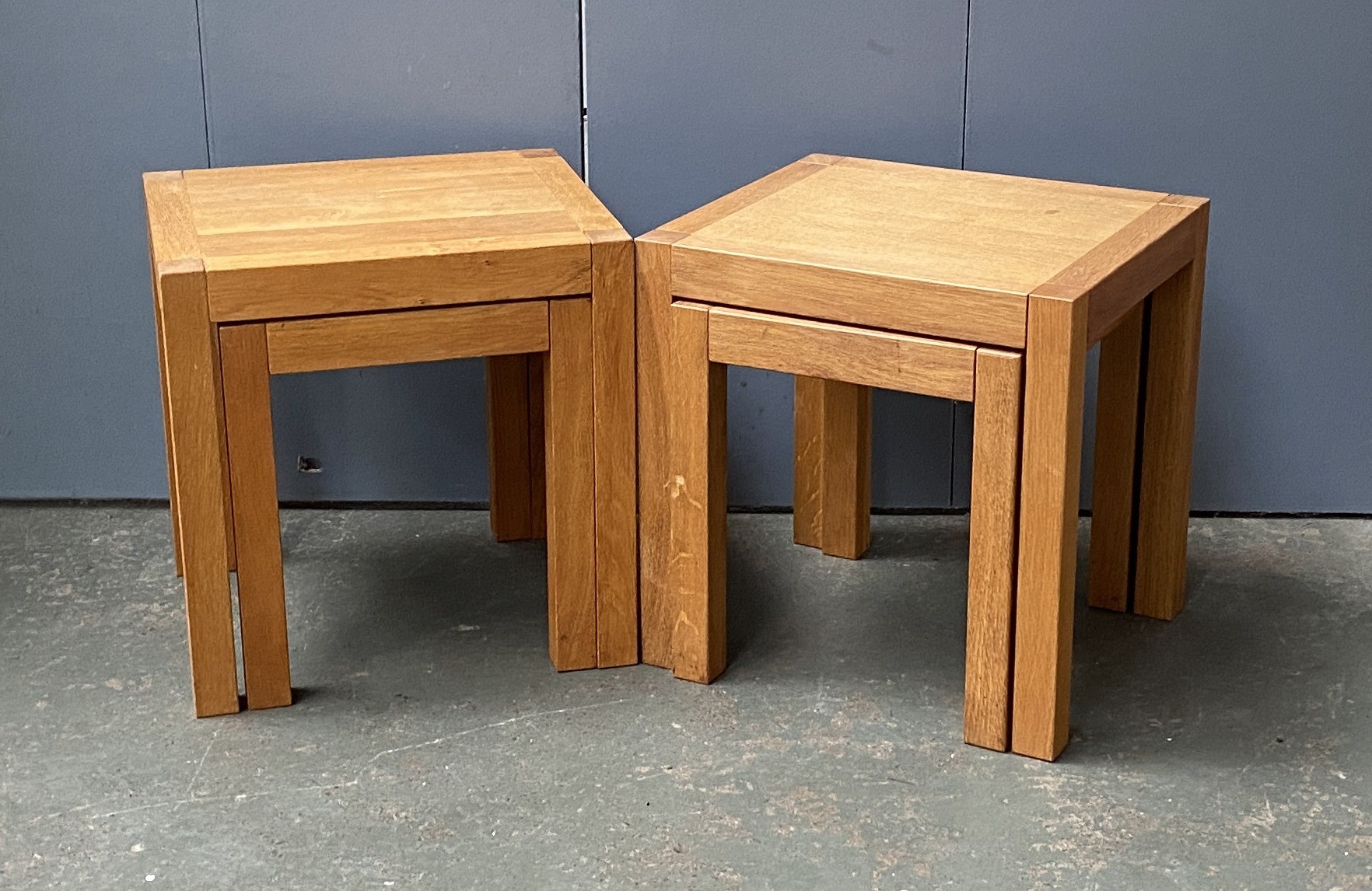 A pair of Laura Ashley light oak occasional table nests, each of two tables, 40x45x46xmH