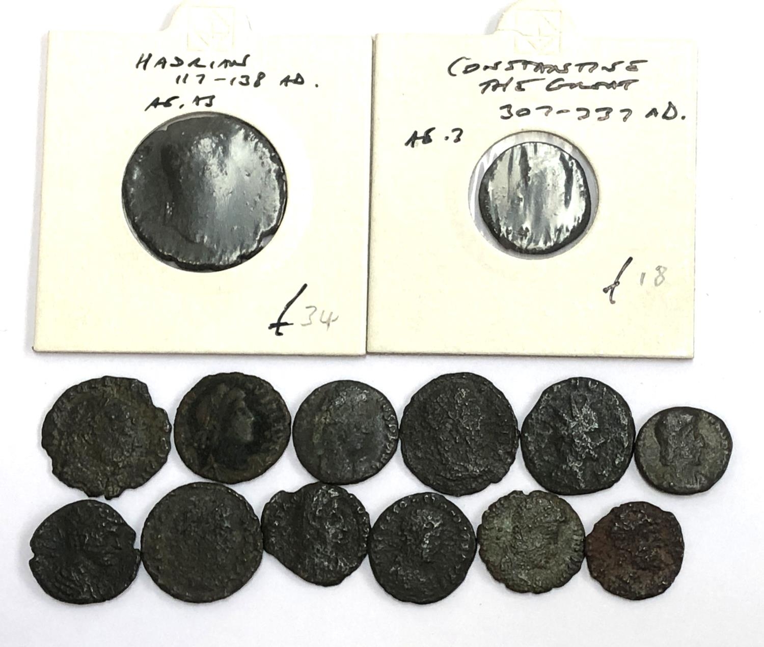 A quantity of Roman coins to include Constantine the Great, Hadrian, etc