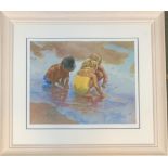 After Lucelle Raad, colour print, three children at play at the seaside, signed and numbered 366/