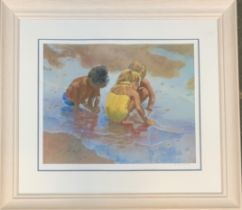 After Lucelle Raad, colour print, three children at play at the seaside, signed and numbered 366/