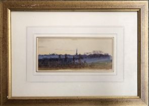 20th century watercolour, view of a spire, 9x20cm