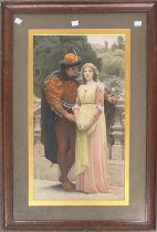 A 19th century colour mezzotint depicting medieval courting scene, 55x31cm