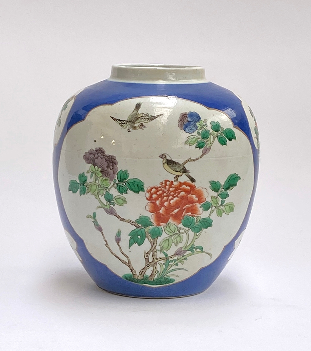 A large Chinese blue ground famille verte ginger jar, 22.5cmH, together with a carved hardwood - Image 2 of 11