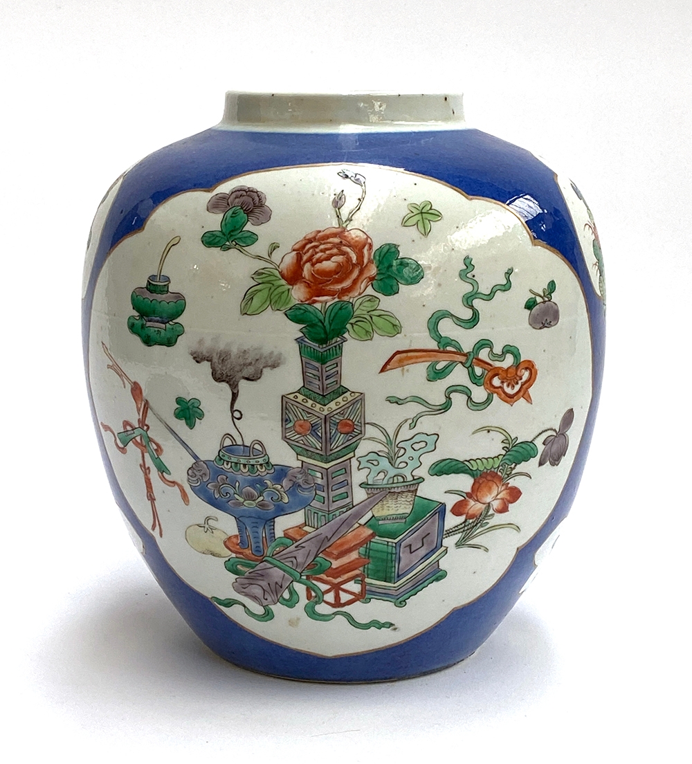 A large Chinese blue ground famille verte ginger jar, 22.5cmH, together with a carved hardwood - Image 5 of 11