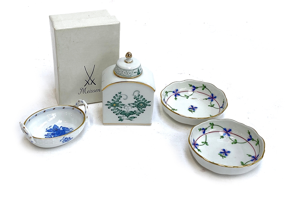 A Meissen porcelain bottle, with certificate in box, 10cm, together with three Herend Hungary hand