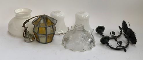 A quantity of lightshades to include holophane, 22.5cmD, stained glass ceiling light, 17cmH, wall