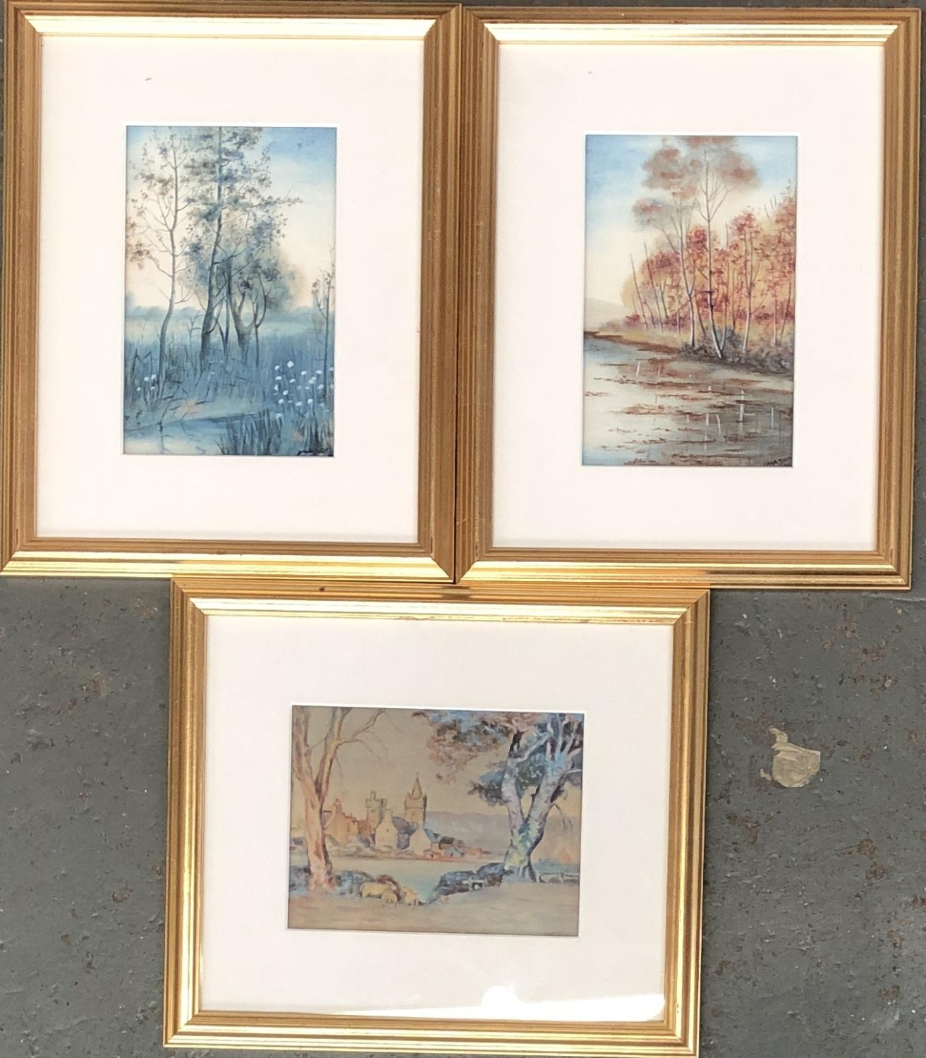 Three 20th century watercolours; two autumnal scenes, each approx 17x11cm, with one of village,