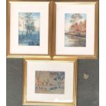 Three 20th century watercolours; two autumnal scenes, each approx 17x11cm, with one of village,