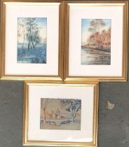 Three 20th century watercolours; two autumnal scenes, each approx 17x11cm, with one of village,