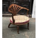 An Edwardian marquetry bedroom chair, with line inlaid fanned back, upholstered grospoint seat, on