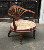 An Edwardian marquetry bedroom chair, with line inlaid fanned back, upholstered grospoint seat, on