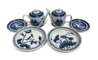 A pair of Vista Alegre 'Blue Canton' reproduction 18th century teapots, together with two side