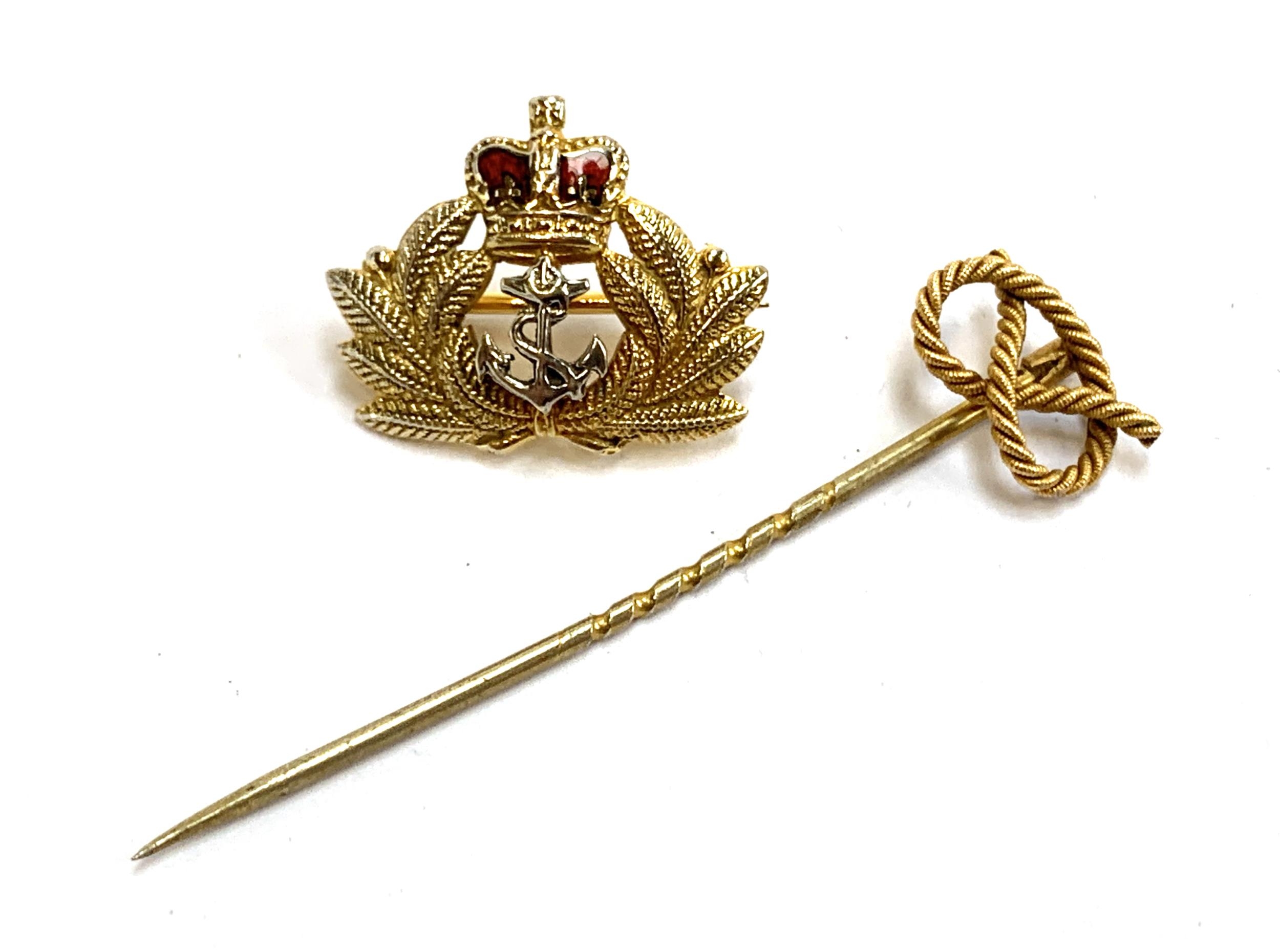 A 9ct gold and enamel regimental Royal Navy sweetheart brooch, 2.2cmW, 3g; together with a 9ct