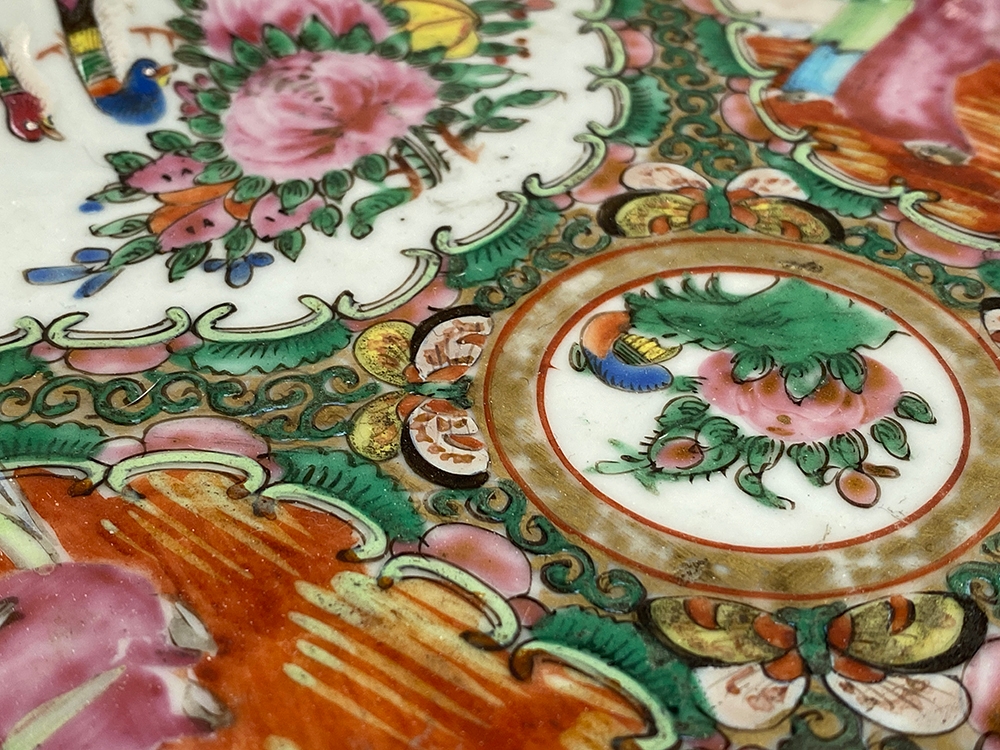 A Chinese famille rose dish of square form, four panels depicting court scenes and flora surrounding - Image 9 of 9