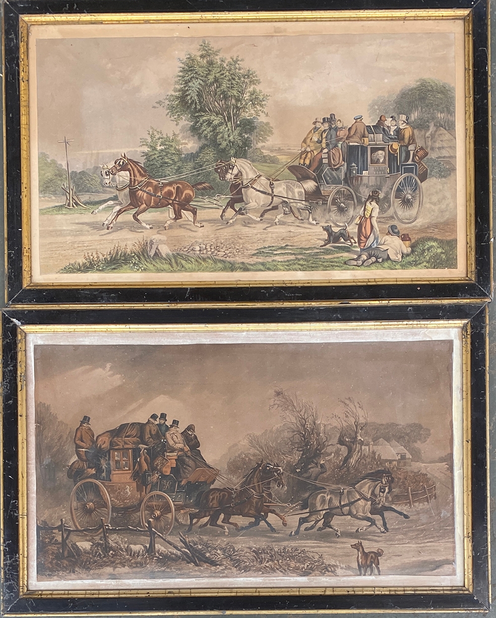 A set of four coloured engravings of coaching scenes, 34x59cm