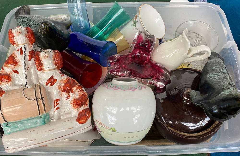 A mixed lot to include Staffordshire dogs, earthenware pot, cranberry splash bowl, pair of ceramic