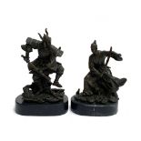 A cast metal figure of a samurai and a knight, each on marble plinth base, 18cmH and 21cmH