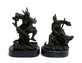 A cast metal figure of a samurai and a knight, each on marble plinth base, 18cmH and 21cmH