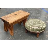 A pine trestle style stool, 40cmW, together with a crcular upholstered footstool