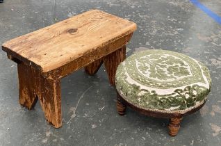 A pine trestle style stool, 40cmW, together with a crcular upholstered footstool