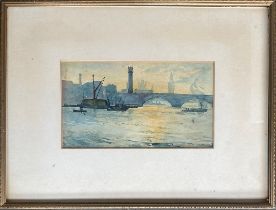 An early 20th century watercolour of a London bridge, with Westminster in the background, 10x18cm