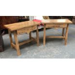 A pair of olive wood side tables, each with single draw, on raised stretcher, each 91x50x76cmH