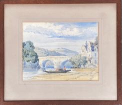 John Callow O.W.S (1822-1878), 'In the Lake District', watercolour of a punt by a stone bridge,