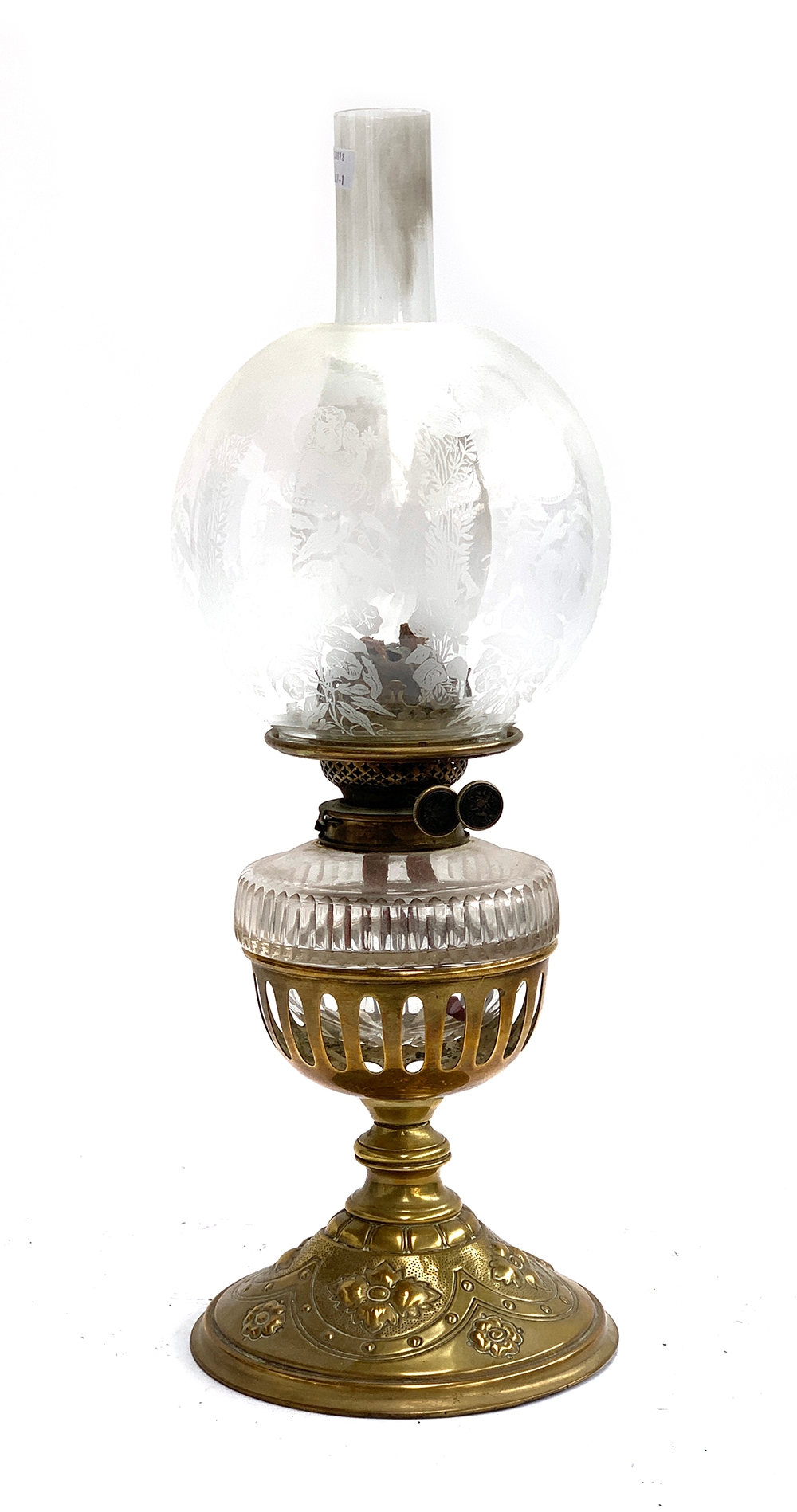 A late Victorian Hinks & Sons brass Duplex oil Lamp, floral design to base, the glass shade etched