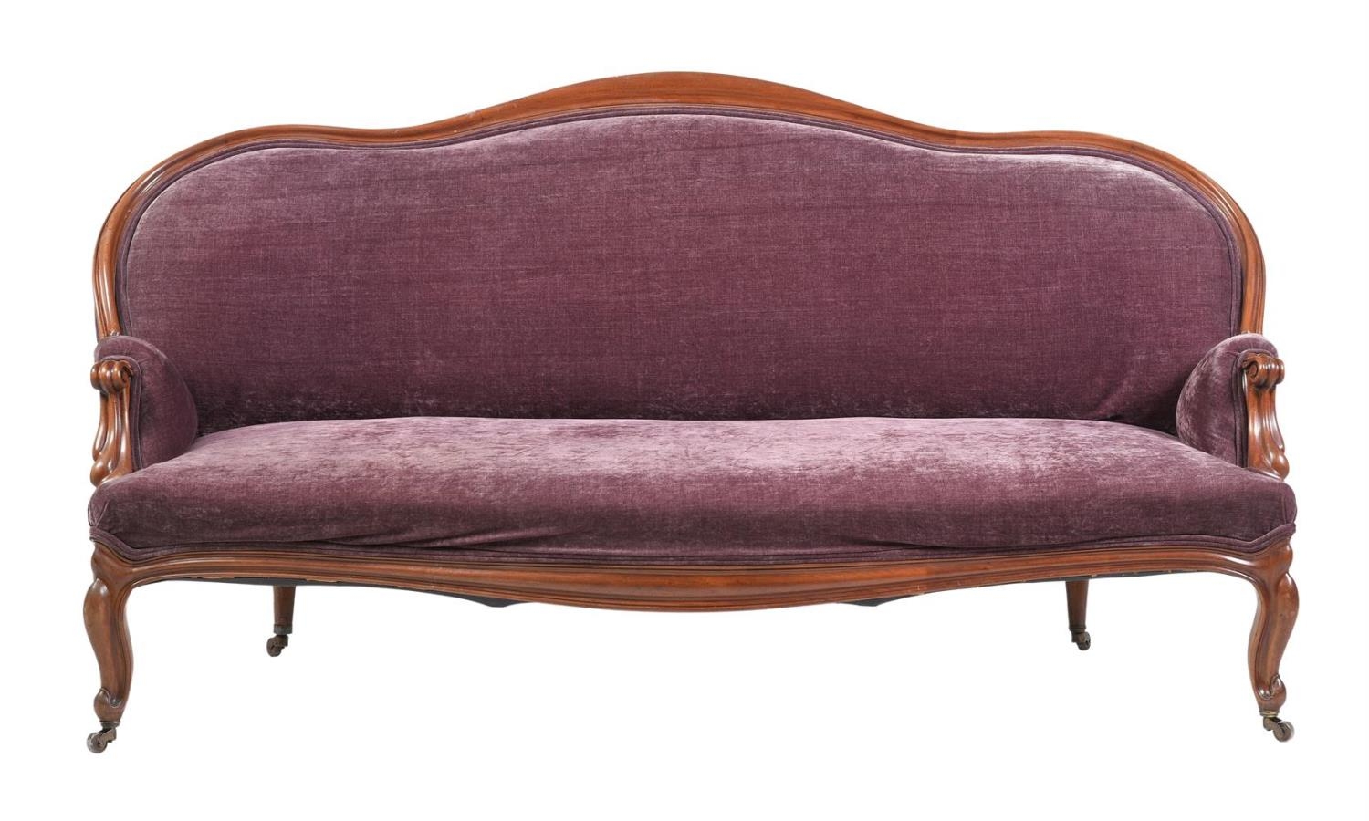 A Victorian mahogany and upholstered sofa, upholstered in plum coloured velvet, 106cm high, 196cm